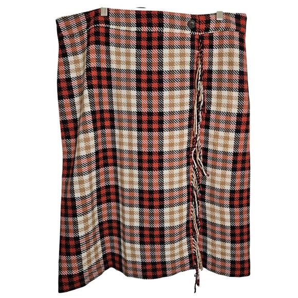 Talbots Fringe Faux Wrap Wool Blend Skirt Tartan Plaid 18 Orange Brown Autumn - Picture 1 of 8